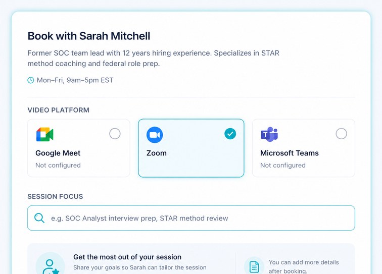 Book a human coach — live session via Google Meet, Zoom, or Teams